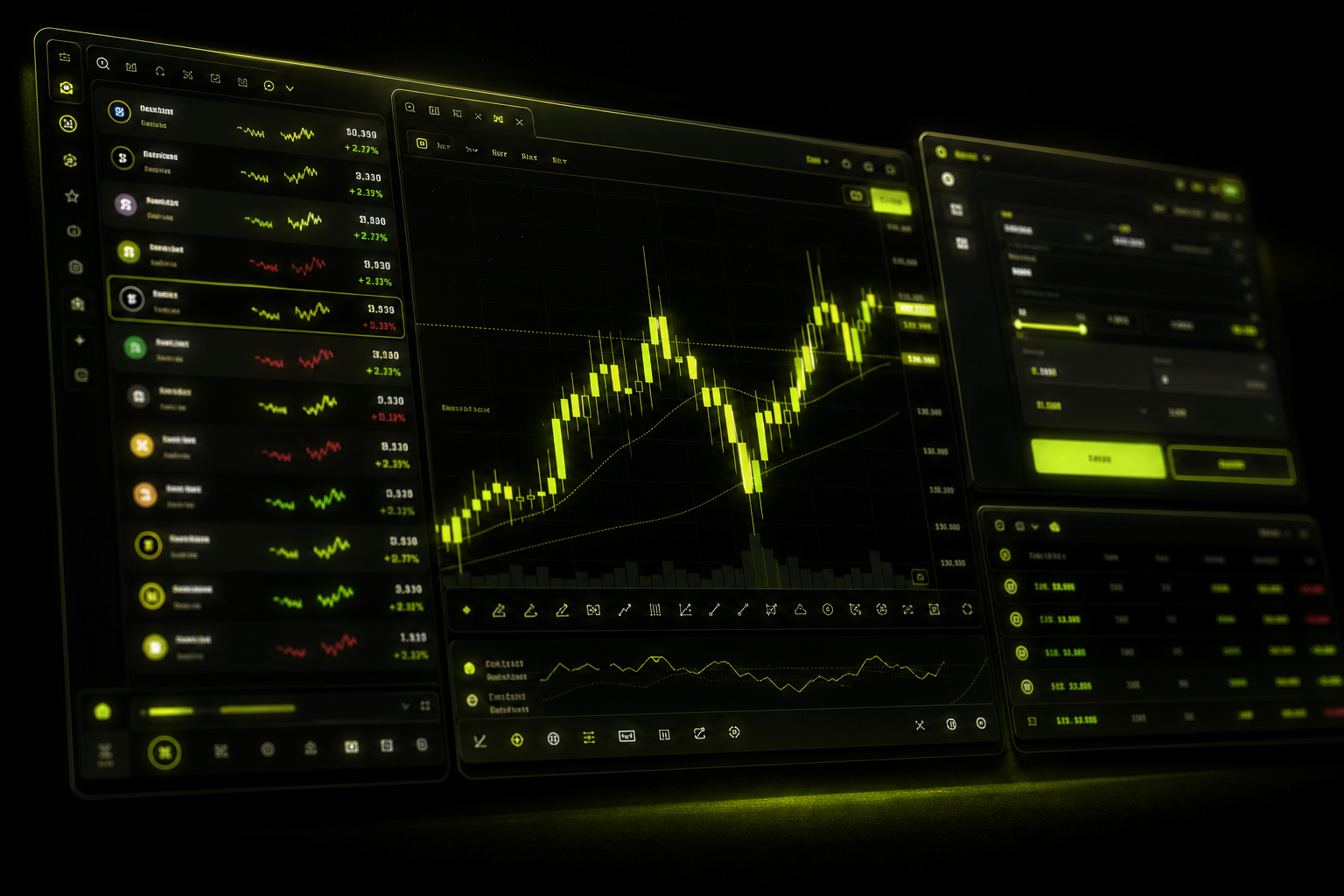 Stylised dark trading terminal with lime neon charts